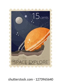 Vector realistic illustration of stylization retro space postage stamp, postmark isolated of white background