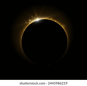 Vector realistic illustration. Sun eclipse with flares and sparkles. Sci-fi banner, futuristic background.