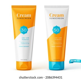 Vector realistic illustration of sunscreen tubes on a white background.