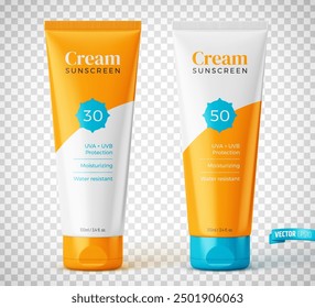 Vector realistic illustration of sunscreen tubes on a transparent background.