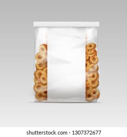 Vector realistic illustration of sweet corn rings in package, template transparent plastic bag with blank label isolated on light background, front view