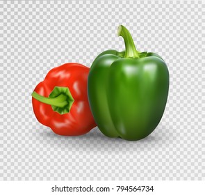 Vector realistic illustration of sweet pepper set. 3d Vegetables red and green on a transparent background