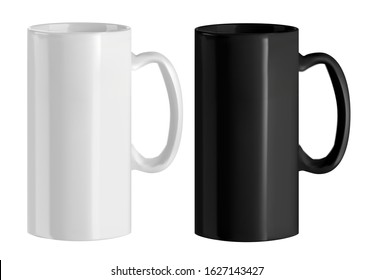 Vector realistic illustration of tall straight cups. Isolated image of cookware. White and black ceramic cups.