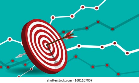 Vector realistic illustration with target financial goal concept.Growing graph and target as successful entrepreneurship metaphor. Growth strategy or business analysis. 
