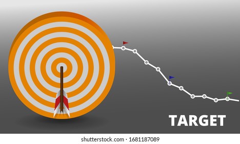 Vector realistic illustration with target financial goal concept.Growing graph and target as successful entrepreneurship metaphor. Growth strategy or business analysis. 

