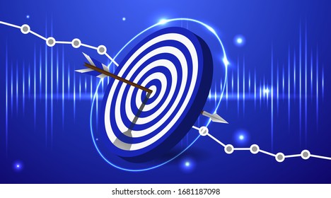 Vector realistic illustration with target financial goal concept.Growing graph and target as successful entrepreneurship metaphor. Growth strategy or business analysis. 
