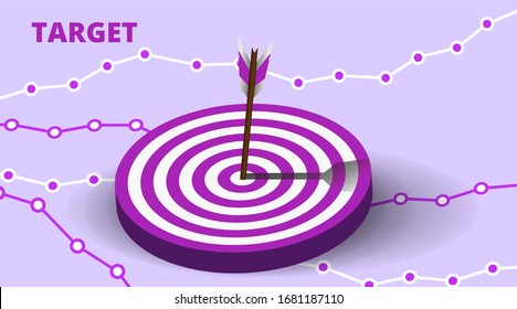 Vector realistic illustration with target financial goal concept.Growing graph and target as successful entrepreneurship metaphor. Growth strategy or business analysis. 
