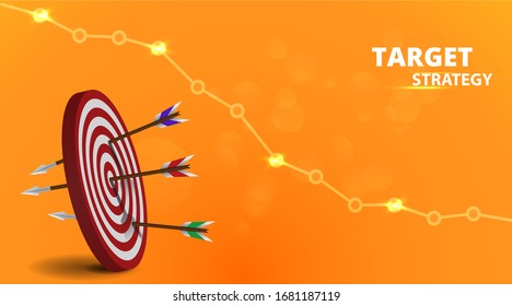 Vector realistic illustration with target financial goal concept.Growing graph and target as successful entrepreneurship metaphor. Growth strategy or business analysis. 
