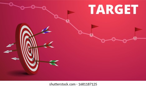 Vector realistic illustration with target financial goal concept.Growing graph and target as successful entrepreneurship metaphor. Growth strategy or business analysis. 
