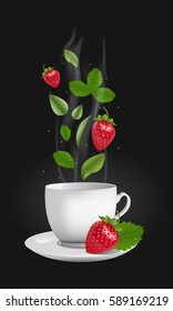 Vector realistic illustration of a teacup with hot drink and vapouring steam. The vapour lifts above strawberries, drops and tea leaves. Concept image for a scented berry tea
