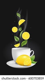 Vector realistic illustration of a teacup with hot drink and vapouring steam. The vapour lifts above slices of lemon, drops and tea leaves. Concept image for a scented lemon tea