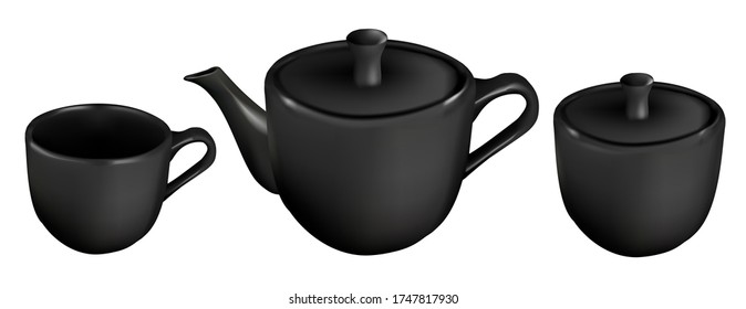 Vector realistic illustration of a teapot, cup and container. Black ceramic dishes. Isolated objects.