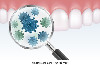 Vector realistic illustration of teeth with magnifier showing bacteria