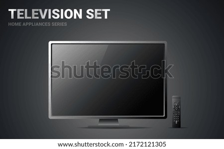 Vector realistic illustration of television set with remote control on dark background. 3d style tv set appliances design for web, site, banner, print, poster