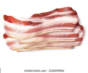 Vector Realistic Illustration Of Thin Bacon Strips, Rashers, Fresh, Raw Or Smoked Isolated On Background. Fatty Slices Of Pork Meat, Brisket Or Ham, Tasty Snack, Delicious Food For Breakfast