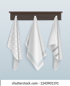 Vector realistic illustration of three clean cotton or linen white and polka dots towels hanging on brown wooden hook isolated on background