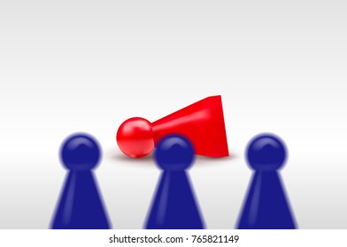 Vector realistic illustration of three standing blue figures in front and one red lying figure - bullying, racism, discrimination concept