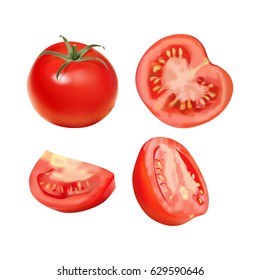 Vector Realistic Illustration Of Tomato. Colorful Pieces Of Tomatoes.