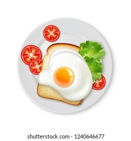 Vector realistic illustration of top view appetizing fried egg on toast of bread for breakfast on plate with slices of tomatoes isolated on white background