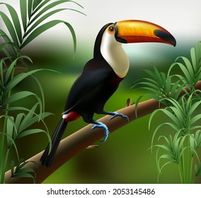 Vector realistic illustration. Toucan bird. Jungle forest.