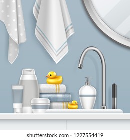 Vector realistic illustration of towels, mirrow, faucet and bath set on shelf with yellow duck in light bathroom interior. Templates of jars for cosmetics