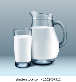 Vector realistic illustration of transparent jug jar pitcher and glass of fresh white milk isolated on background