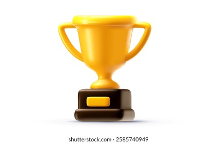 Vector realistic illustration of trophy cup icon, win reward on white background. 3d cartoon style design of golden champion winner cup. Winner prize, sport success award for banner, poster, flyer
