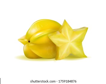Vector realistic illustration two carambolas - starfruits isolated on white background, 3d
