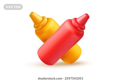 Vector realistic illustration of two crossed bottle of sauce. 3d style cartoon design of different bottle with ketchup and mustard. Delicious fast food sauce for banner, icon, menu, poster, web site 