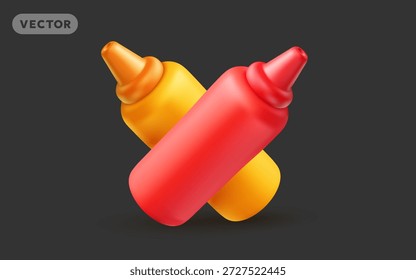 Vektorrealistische Illustration von zwei gekreuzten Flaschen Sojasauce auf schwarzem Hintergrund. Köstliche Fastfood-Sauce. 3D-Stil Design der verschiedenen Flasche mit Ketschup und Senf für Banner, Menü