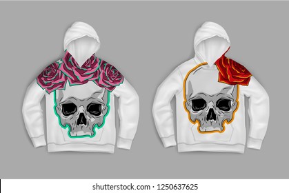 Vector realistic illustration of two graphic skulls with roses printed on white hoodies isolated on background