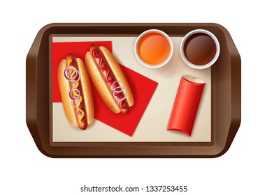 Vector realistic illustration of two hot dogs with drinks and roast pasty in red box on brown plastic tray with napkins, top view isolated on white background