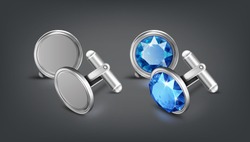 Vector Realistic Illustration Of Two Pair Silver Or Chrome Cufflinks With Blue Gem Isolated On Dark Background