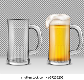 Vector realistic illustration of two transparent glass mugs - one full of beer with foam, the other is empty. Two beer glasses for your design, print, template