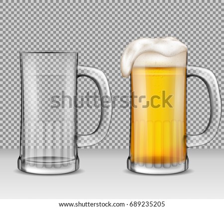 Vector realistic illustration of two transparent glass mugs - one full of beer with foam, the other is empty. Two beer glasses for your design, print, template