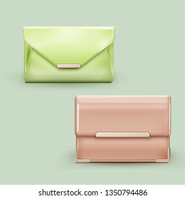 Vector realistic illustration of two woman's classic clutch of pastel colors with metal clasps isolated on background