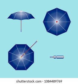 Vector realistic illustration of an umbrella. 4 views of umbrella. Open front, top, bottom, and folded in a cover. Trendy symbol concept for catalogs, information, travel, shop, website, app, UI