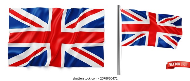 Vector realistic illustration of United Kingdom flags on a white background.