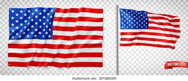 Ilustración vectorial realista de las banderas de los Estados Unidos de América sobre un fondo transparente.