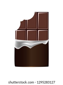 Vector realistic illustration of unpacked bitten cocoa dark chocolate bar isolated on a white background.