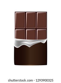 Vector realistic illustration of unpacked cocoa dark chocolate bar isolated on a white background. 