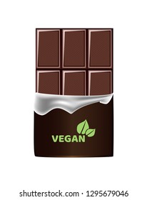 Vector realistic illustration of unpacked cocoa bitten vegan dark chocolate bar isolated on a white background. Vegan logo on the chocolate wrapper.