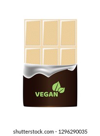 Vector realistic illustration of unpacked vegan white non dairy chocolate bar isolated on a white background. Vegan logo on the chocolate wrapper.