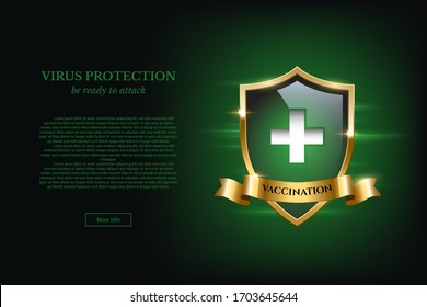 Vektorillustration realistische Illustration des Impfkonzepts. Impfposter mit grünem Schild mit Kreuz, goldenem Rahmen und Band. Signieren Sie den Virenschutz Bereit für Angriffe. medizinisches Impfschema