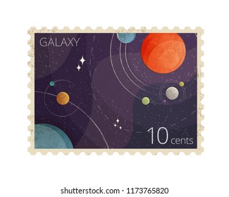 Vector realistic illustration of vintage space postage stamp with planets shows Heliocentric system isolated on white background