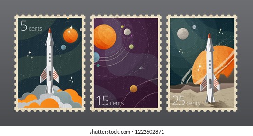 Vector realistic illustration of vintage space postage stamp with planets and rockets isolated on background