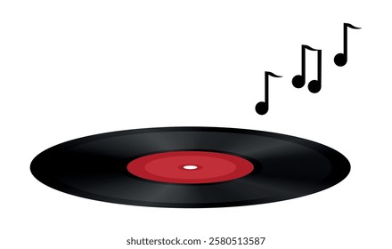 Vector realistic illustration of vinyl record with red label on a white background with music signs.