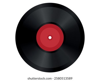 Vector realistic illustration of vinyl record with red label on a white background.