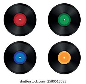 Vector realistic illustration of vinyl records with red label on a white background.