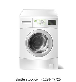 Vector Realistic Illustration Of Washing Machine With Smart Display On White Background. Electric Appliance For Housework, Laundry. Isolated Object For Advertising, Promotion